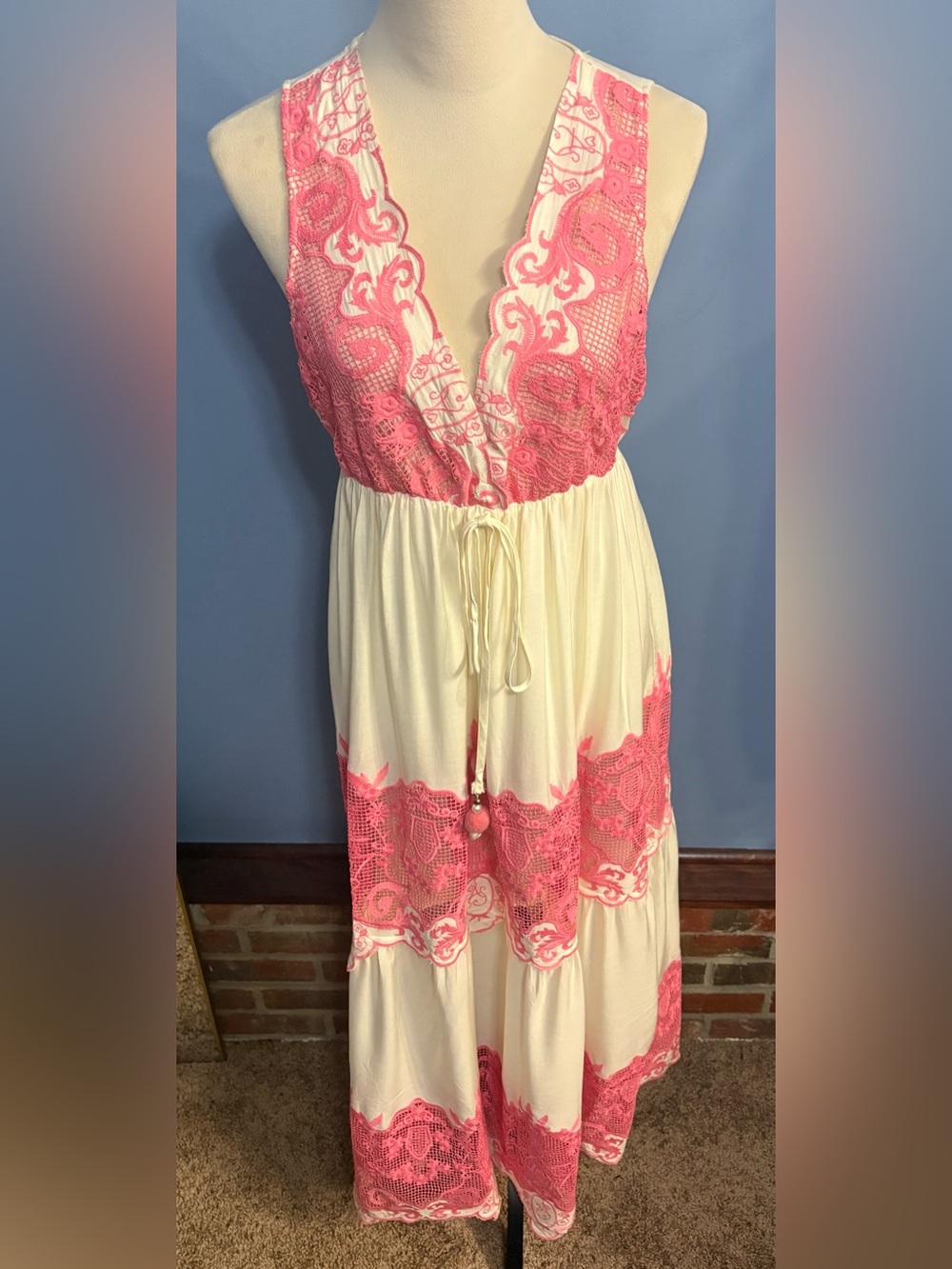 Women’s Cream and Pink Lace Maxi Dress